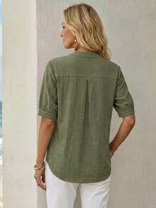EMERY ROSE Camisa verde militar 100% algodón para mujer, versátil para el trabajo, el transporte, el uso casual y las vacaciones - Negro - Ver 2