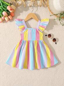 Cozy Pixies 女婴可爱休闲蝴蝶结镂空条纹彩色短袖连衣裙 - 彩色 - 查看 2