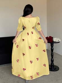 Modelyn 方領刺繡花卉收腰泡泡袖女款洋裝，春/夏 - 黃色 - 查看 2