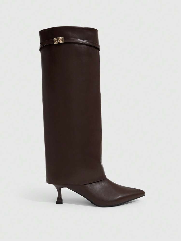 CUCCOO SZL Women's Fashion Pointed Toe Black Suede Tall Shaft Metal Buckle Elegant Versatile Stiletto Knee-High Boots