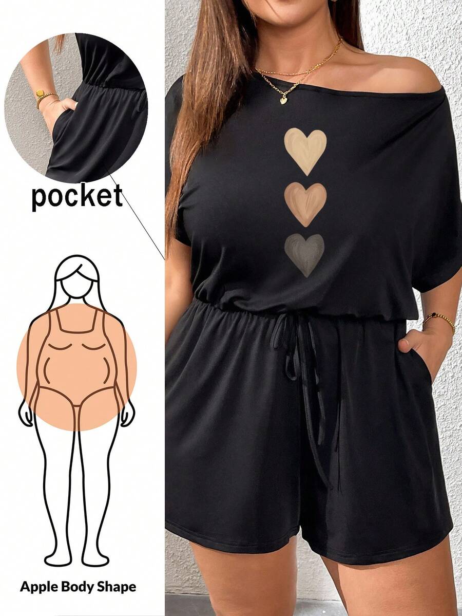 Shapeblank Plus Size Women Black Asymmetrical Shoulder Drawstring Waist Jumpsuit Home Summer Casual - Multicolor - View 1