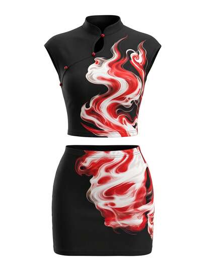Rina Fox 2026 New Chinese Style Straight Collar Cheongsam 2 Pieces Set, A-Line Bodycon Mini Skirt
