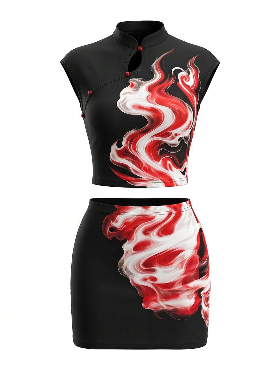 Rina Fox 2026 New Chinese Style Straight Collar Cheongsam 2 Pieces Set, A-Line Bodycon Mini Skirt - Black - View 1