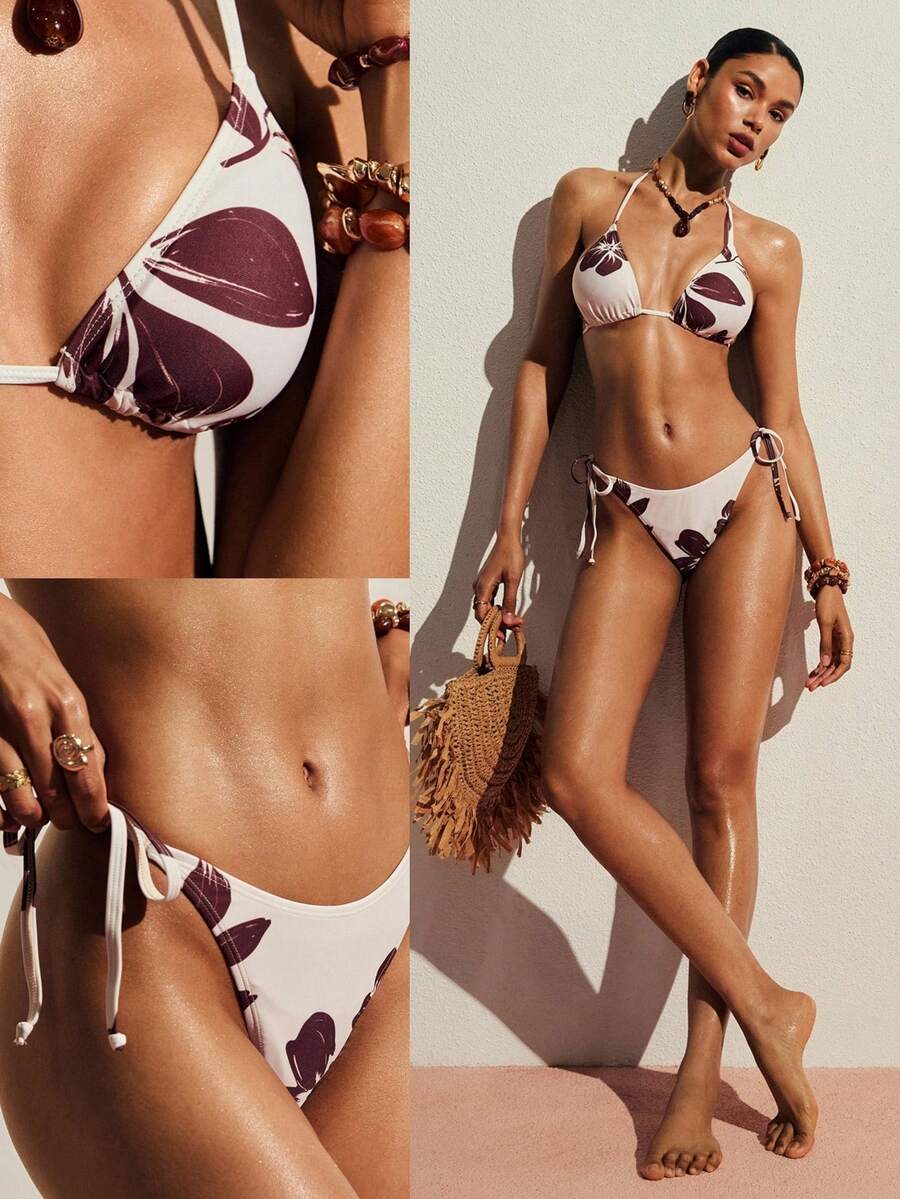 Poéselle Damen 2-teiliges Hibiskus-Muster Triangel-Bikini-Set - Verstellbarer Neckholder-Oberteil & Bikinihose mit Seitenbindung, Hibiskus Bademode, Triangel-Bikini-Set, Seitenbindung Bikini, tropische Strandmode, Sommer Bikini, Hawaii-Muster Bademode, Urlaubs-Schwimmset, Sommer Strand Floral Muster Neckholder Sexy Bikini Bademode Set, Bikini-Set für Damen, Bademode für Damen 2 Teile, Urlaubsoutfits für Damen Bikini-Set - Braun - Übersicht 1
