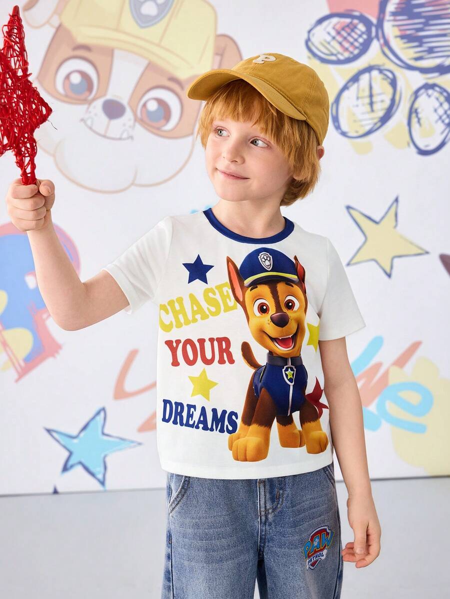 SHEIN | PAW Patrol Áo thun tay ngắn cổ tròn in chữ hoạt hình phong cách thường ngày cho bé trai, đa năng. - trắng - Xem 1