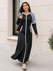 Solavon Women's Casual Contrast Piping Slant Pocket Zipper Front Hooded Arabian Modest Long Sleeve Dress Sporty Dresshooded Dress Black - Black - View 5