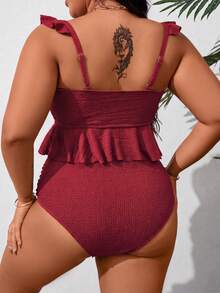 SHEIN Swim Curve 大码女式纯色荷叶边吊带泳衣套装 - 酒紅色 - 查看 2