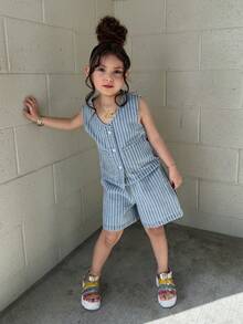 Dazy Kids Bộ đồ denim 2 món cho bé gái (size nhỏ): Áo tank top kẻ sọc + Áo sơ mi denim + Quần short. - Rửa nhẹ - Xem 4