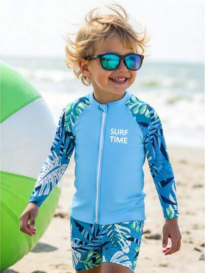 Bộ đồ bơi 2 mảnh in hình cây nhiệt đới cho bé trai, áo tay dài Raglan và quần short, thiết kế in lụa