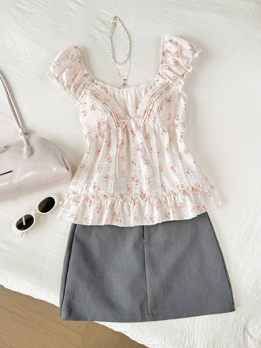 TRNVIE Women's Summer Casual Ditsy Floral Ruffle Hem Blouse - Multicolor - View 1