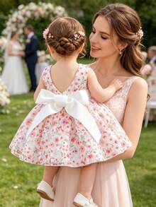 SHEIN Glamorique Kids 女婴碎花连衣裙，婴儿刺绣缎面蝴蝶结连衣裙，V领无袖露背公主裙，适合复活节派对 - 粉色 - 查看 7
