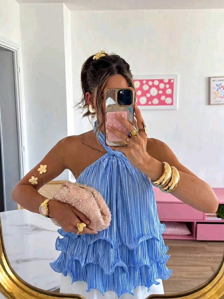Firerie Women's Elegant Casual Beach Vacation Holiday Halter Neck Layered Ruffle Textured Blue And White Stripe Blouse Summer - Blue - View 1