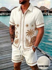 Alderstead Texture Fabric Men's Printed  Shirt And Shorts Set, Casual Holiday Outfit  Summer Clothes  Holiday Outfits   Summer Set Vacation Sets  Summer Two Piece Set  Matching Set Casual Street Style For Brunch, Resort Trips & Everyday Wear, Perfect Gift For Him, Brother & Young People - Multicolor - View 7