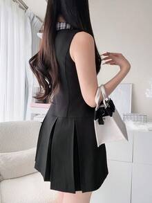 FRIFUL 女款夏季對比色襯衫領無袖格紋抽繩百褶中長洋裝 度假太陽裙 - 黑色 - 查看 2