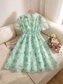 SHEIN 1件少女优雅梭织欧根纱刺绣领奢华仿珍珠纽扣装饰褶裥下摆短袖连衣裙，适合日常休闲、派对、宴会等场合。 - 綠色 - 查看 2