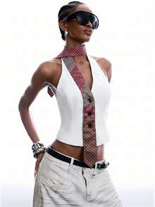 LYSMO Women's Patchwork Color Halter Backless Casual Versatile Daily Wear Top - White - View 3