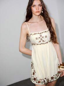 MOTF PREMIUM RESORT PRINTED FAUX LINEN SPAGHETTI STRAP MID-LENGTH DRESS, SPRING/SUMMER - Apricot - View 4
