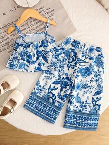 Ensemble décontracté de vacances pour bébé fille, composé d'un top à volants en coton tissé bleu rayé ajusté et confortable, et d'un pantalon large - Multicolore - Voir 2