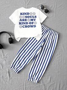 Set de 2 piezas con camiseta de manga corta de cuello redondo de tela de punto de unicolor y pantalones largos a rayas para niño pequeño, adecuado para uso casual de verano y vacaciones - Azul - Ver 2