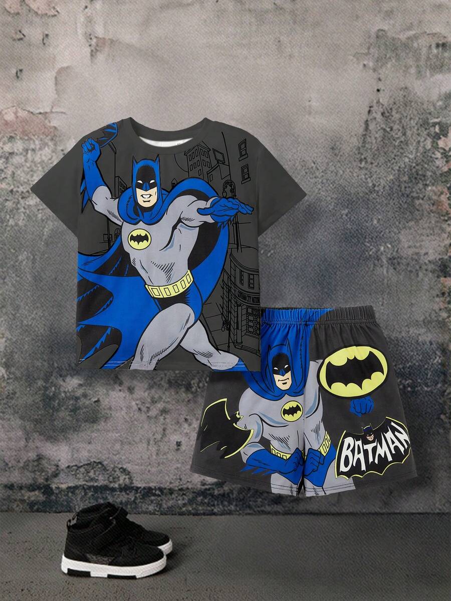 BATMAN X SHEIN 85th Young Boy Cartoon Figure Graphic Casual Matching Short Sleeve T-Shirt And Loose Black Shorts Set Boys Short Tshirt Set - Dark Grey - View 1