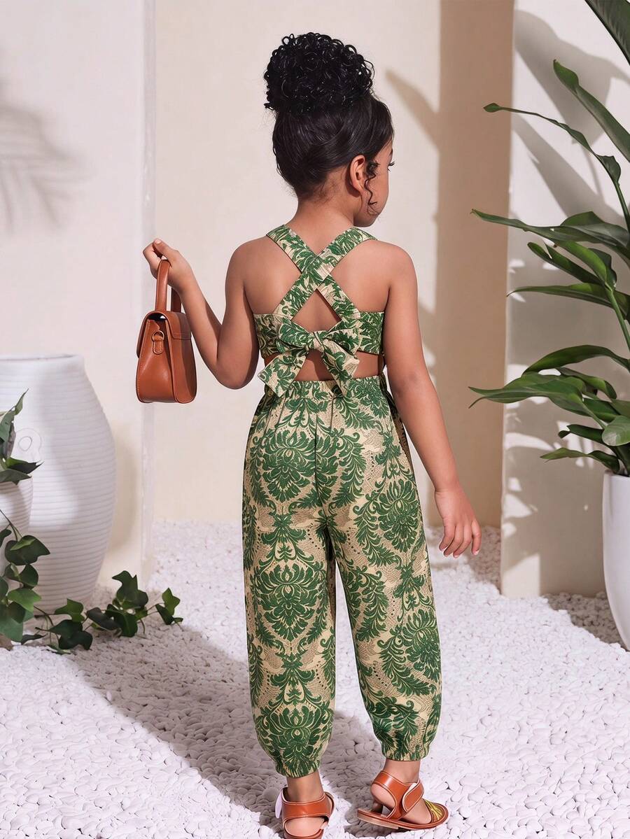 SHEIN 女童全印花百褶休閒連身褲,鼠尾草綠夏季優雅家庭度假花卉露背細肩帶連身褲,波希米亞風幼兒套裝 - 彩色 - 查看 1