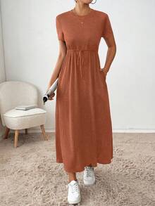 SHEIN Essnce Đầm nữ cổ tròn tay ngắn màu trơn thắt eo kiểu dáng thường ngày - màu nâu - Xem 4