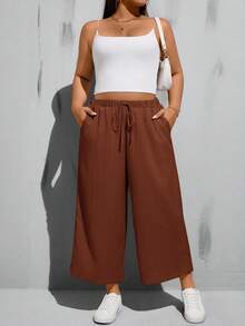 SHEIN Essnce 大码女士夏季宽松舒适休闲裤，七分裤，两件套，夏季高腰阔腿裤，宽松舒适休闲裤 - 彩色 - 查看 5