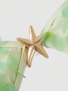 SHEIN MOD Bộ bikini nữ đi biển mùa hè màu trơn đính sequin dây buộc cổ gợi cảm, bộ bikini nữ màu xanh lá đính sequin lấp lánh điểm xuyết sao biển, bộ bikini nữ phong cách nàng tiên cá đính sequin và chi tiết sao biển cho mùa hè, bộ bikini cho nữ, bộ đồ bơi cho nữ, đồ bơi nữ 2 mảnh, bộ đồ đi biển cho nữ, áo tắm nữ - Màu be - Xem 7