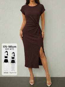 SHEIN Tall Marrón oscuro,Verano,Elegante,Vestido midi sin mangas con abertura alta y cintura retorcida elegante para citas,Atuendo casual texturizado ajustado para mujer invitada a boda y oficina,Mujeres altas - Marrón - Ver 1