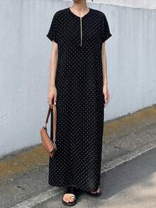 FRIFUL 女士金属拉链休闲纯色宽松夏季短袖连衣裙，适合度假和毕业典礼穿着 - 黑色 - 查看 5