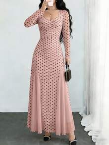 Modelyn Apricot Polka Dot Mesh Ruffle Long Sleeve Contrast Mesh Back Tie Elegant Midi Dress For Women - Pink - View 4