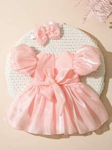 SHEIN 新生女嬰連身裙配蝴蝶結髮帶 0-3個月 嬰兒攝影套裝 春夏季 - 粉色 - 查看 2