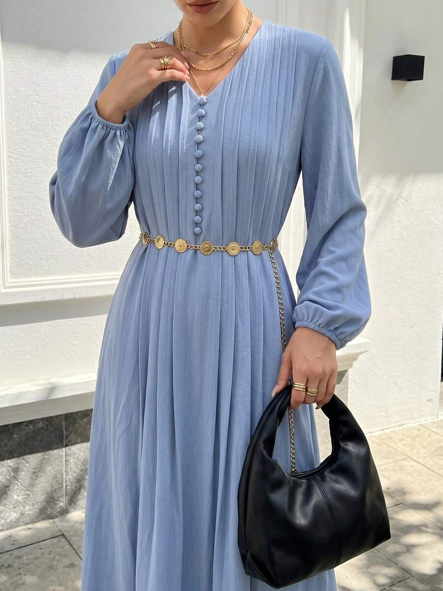 Solavon Vestido elegante y conservador de mujer con cuello en V, mangas farol y pliegues - Azul - Ver 1