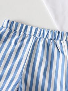 SHEIN 2件套女婴幼儿/新生儿0-3岁春夏休闲日常香肠狗图案圆领T恤+粉色条纹短裤套装 - 深色水洗藍 - 查看 7