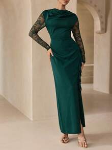 Graceveil Vestido elegante para mujer con cuello drapeado, cintura fruncida y encaje de contraste en color verde oliva - Verde Oscuro - Ver 5
