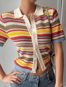 DAZY Women's Contrast Color Striped Pattern Front Button Short Sleeve Thin Cardigan Y2k Summer - Multicolor - View 6