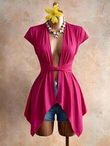 BamGleam Women's Solid Color Ruched Sexy Versatile Date Night T-Shirt - Hot Pink - View 4