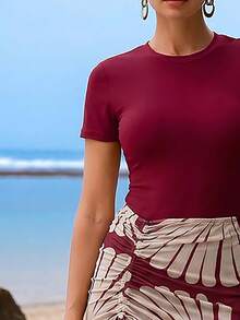 Swim Shayni Spring/Summer Fashion High-End Elegant Bandeau One-Piece Swimwear With Beach Sarong Skirt - Burgundy - View 5