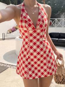 SHEIN PariChic Đầm nữ dáng lửng, họa tiết chim bồ câu kỹ thuật số, cổ chữ V sâu, không tay, kiểu yếm sau lưng, ôm eo, thanh lịch, thích hợp cho dạo phố, đi nghỉ mát, đi biển, mùa hè thu 2026, dự tiệc, sinh nhật. - Nhiều màu - Xem 9