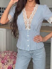 Mulvari Women's Spring/Summer Blue Striped & White Lace Trim Waist-Cinching A-Line Button-Down Casual Commuter Shirt - Blue - View 6