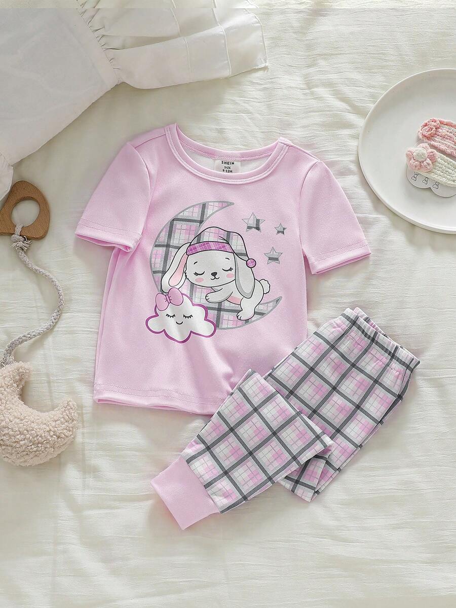 Genkimix Kids 两件套女婴舒适睡衣套装,紫色云朵、月亮和兔子印花短袖上衣和打底裤 - 紫色 - 查看 1