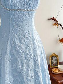 Vintamour Đầm nữ cổ điển thanh lịch, đầm jacquard ôm dáng mùa xuân/hè, đầm đính ngọc trai, đầm hai dây, đầm xòe, màu trắng sữa. - Màu xanh nhạt - Xem 4