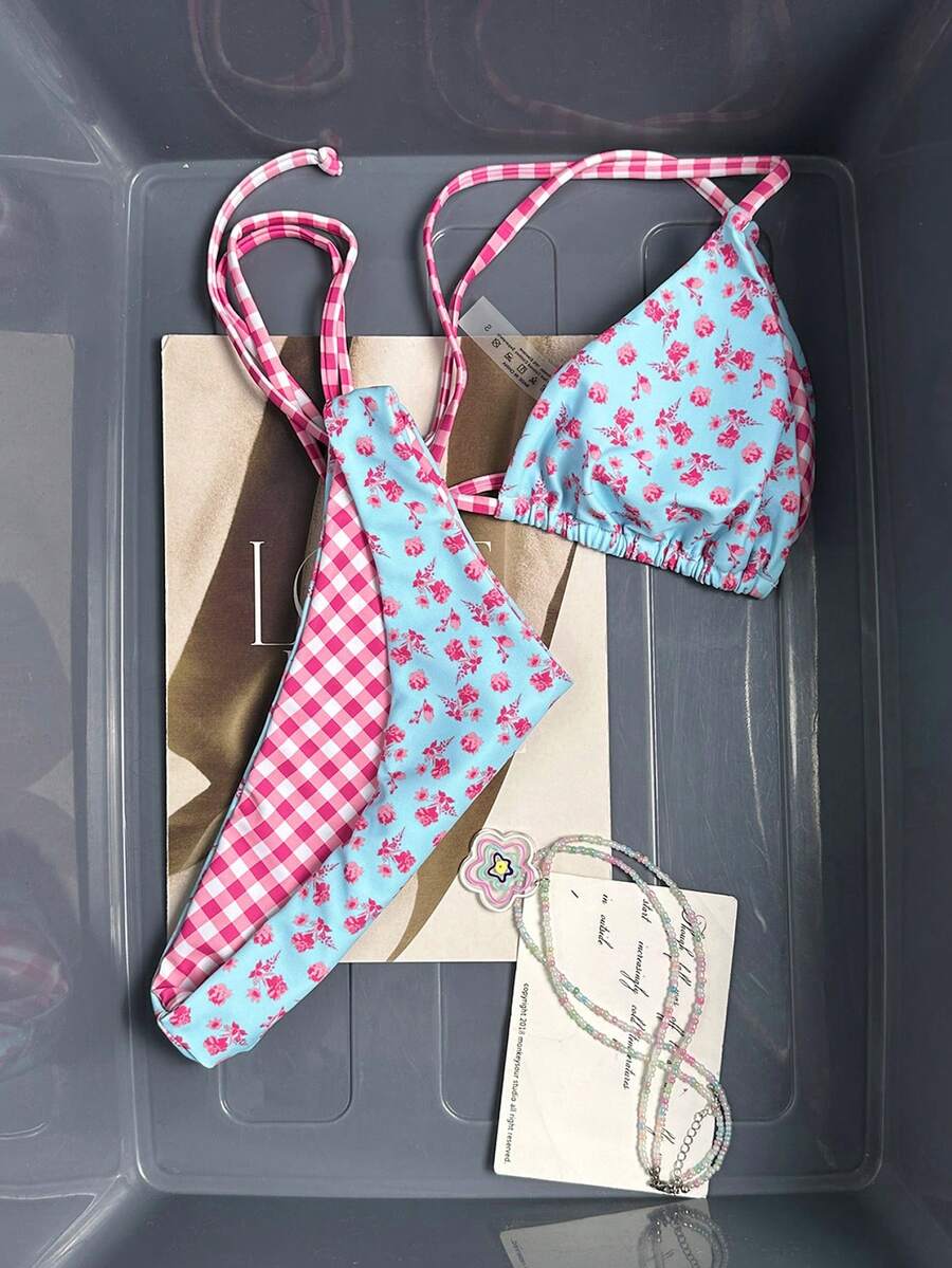 Swim Mod 新款女款夏季兩件式隨機花卉與格紋印花三角掛脖比基尼上衣與褲子套裝，海灘度假泳裝 - 彩色 - 查看 1