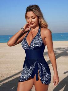Swim Lushoire Women's Printed Halter Tie Front One-Piece Swimdress - Blue - View 6