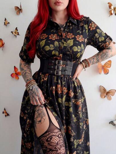 Whyspr Plus Size Women's Elegant Vintage Resort Shirt Collar Open Front Bohemian Style Printed Casual Punk Rock Swing Hem Split Hem Short Sleeve Dress, Regular Dress, Suitable For Daily Wear, Back To School Season, Vacation, Spring, Summer, All Season, Vacation Ideal Choice