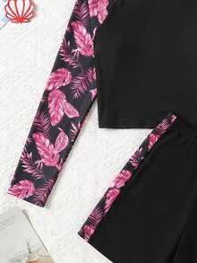 SHEIN 少女插肩袖热带植物印花上衣和短裤泳衣套装 - 玫紅色 - 查看 4