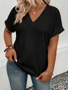 EMERY ROSE Women's Spring/Summer New Arrival Soft Knit Wide Ribbed V-Neck Short Sleeve Plus Size T-Shirt - Black - View 6