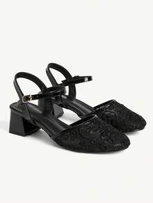 CUCCOO CHICEST Ladies Round Toe Fashion Simple Mesh Casual Mary Jane Saddle Strap High Heel Coarse Heel Sandals Summer Shoes - Black - View 2