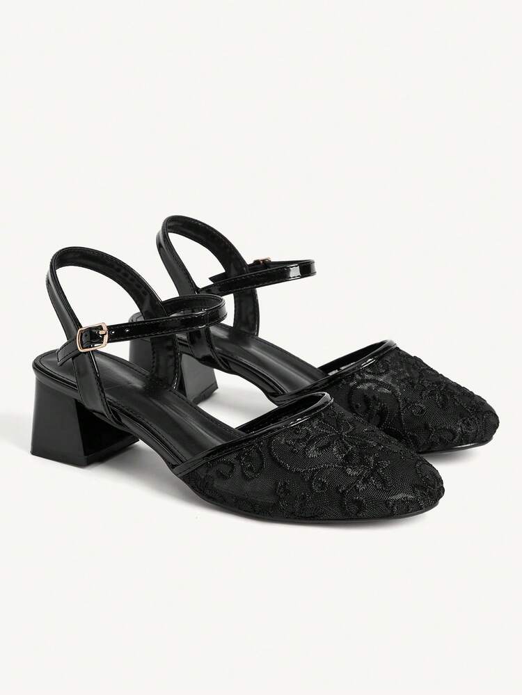 CUCCOO CHICEST Ladies Round Toe Fashion Simple Mesh Casual Mary Jane Saddle Strap High Heel Coarse Heel Sandals Summer Shoes