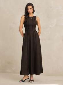 SHEIN Tall 夏季新款褶皱无袖A字连衣裙，优雅女士连衣裙，派对棕色休闲款 - 棕色 - 查看 1
